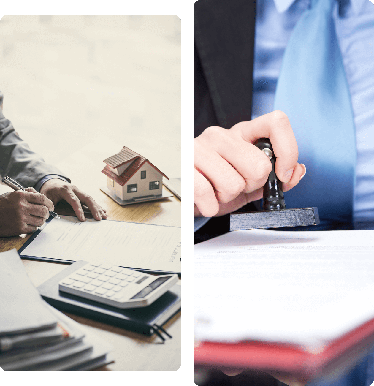Two images showing real estate paperwork and contract signing.
