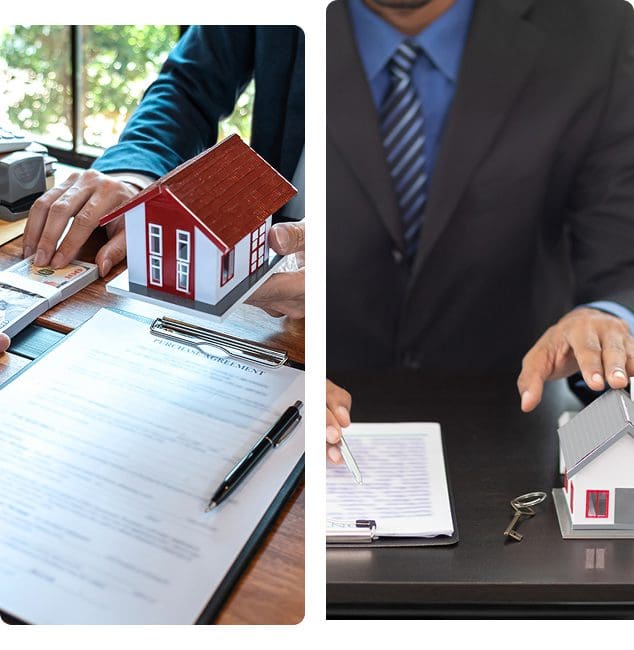 Two images showing real estate deals with miniature house models and paperwork.
