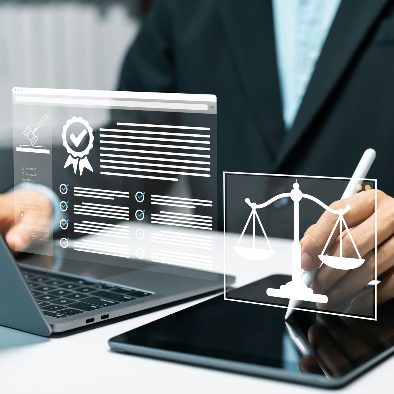 Businessman accessing online legal services for regulations, compliance, legislation, contracts, and professional legal advice to support informed business decisions.